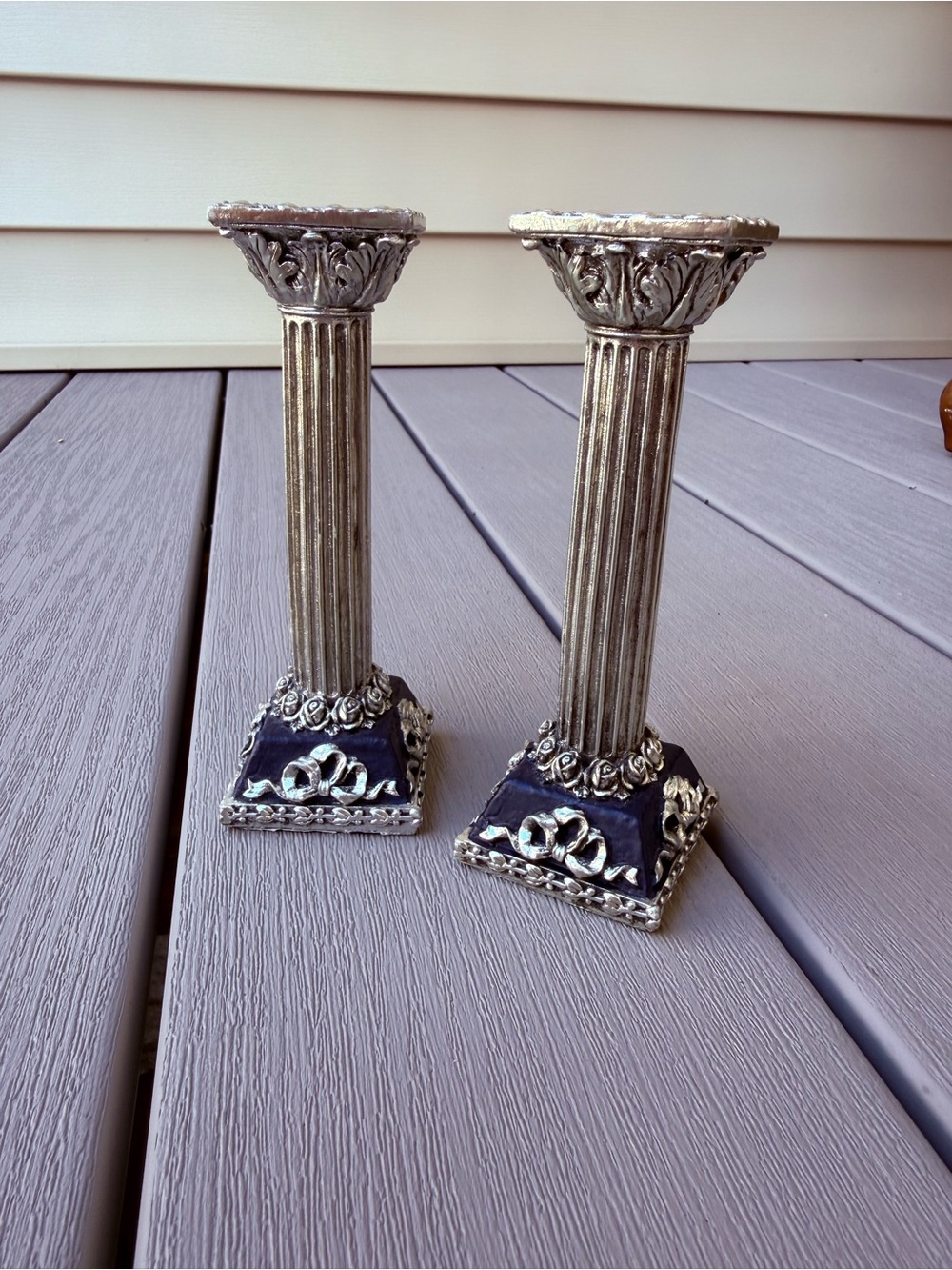Pair of Antiqued Silver Corinthian Column Taper Candle Holders Blue Bases